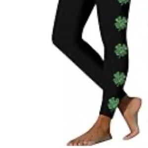 Black Leggings with Green Clover Pattern XL